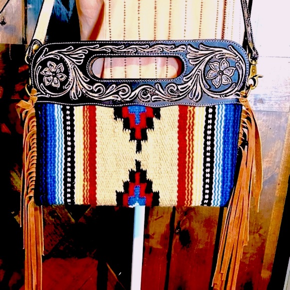 Rafter T Ranch Handbags - Beautiful Serape/Aztec Style Tooled Leather Bag